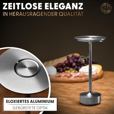 Світлодіодна настільна лампа ELYSIA з акумулятором, димується, бездротова, сенсорна, для дому та вулиці (IP54), тепле світло (2200K-2700K-3200K), USB-C, алюмінієва (срібна)