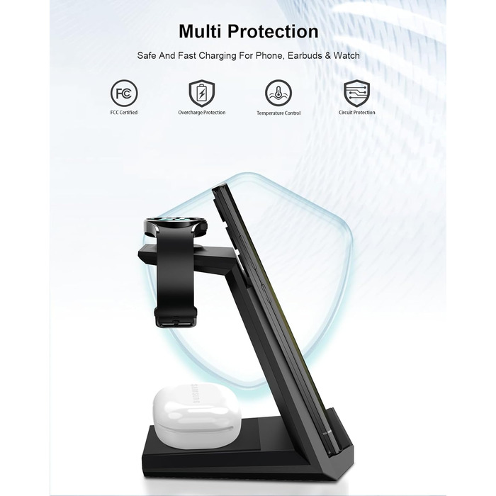 Зарядний пристрій NANAMI 3-в-1 для Samsung Galaxy Watch, Buds та смартфонів S25, S24, S23, Z Flip, Z Fold (чорний)