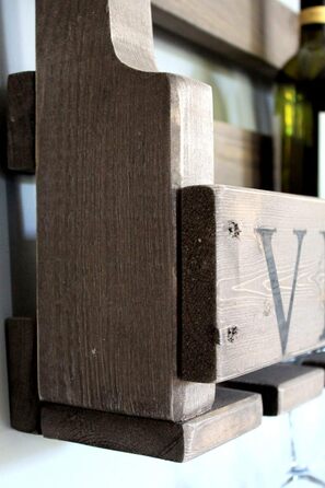 Wooden Wall-Mounted Wine Rack - with Glass Holders and 'VINO' Signage - Flamed - Ready to Mount - Shelf for Wine Bottles and Glasses (Brown / Vintage (with Black VINO Signage))