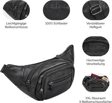 STILORD 'Dublin' Чоловіча поясна сумка з екошкіри великого розміру з багатьма відділеннями, водовідштовхуюча, захист від крадіжки. Чоловіча сумка на пояс XXL з екошкіри для подорожей, фестивалів, піших прогулянок, чорного кольору.