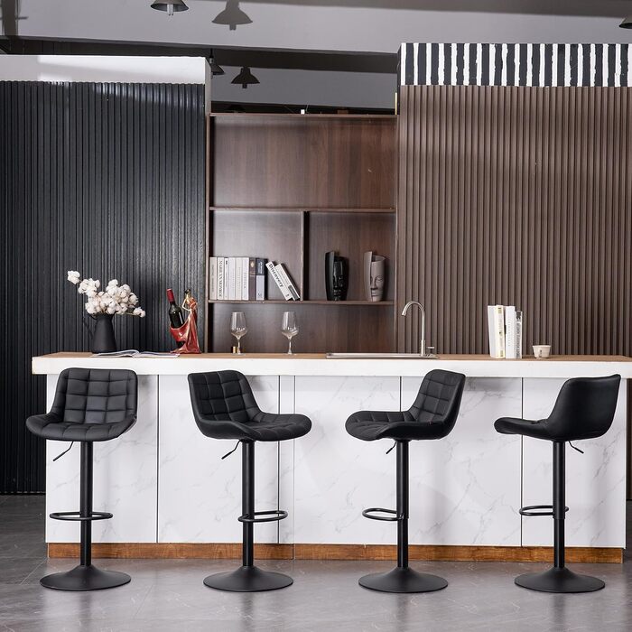 YOUTASTE Adjustable Bar Stools - Modern Design, Padded, Swivel, Faux Leather - Set of 2 (Black)
