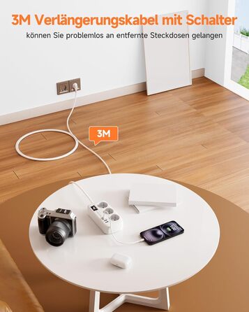 Многорозеткова станція з захистом від перенапруги, 3 розетки, 4 USB (2 USB-C), з вимикачем та кабелем 1.5м, для дому та офісу, біла