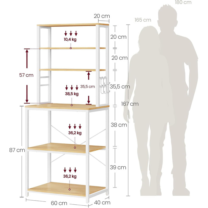Поличкова стійка VASAGLE для кухні з 6 полицями та гачками, сталевий каркас, горіховий колір + білий, 40 x 60 x 167 см