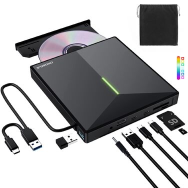 Зовнішній DVD/CD привід ORIGBELIE з 4 USB-портами та 2 слотами для TF/SD карт, USB 3.0, портативний для ноутбука, MacBook, PC (Windows, Linux, Mac OS)