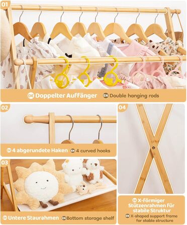 Дитяча вішалка для одягу Yorbay з бамбука, регульована подвійна штанга, з полицями для зберігання, економія місця, натуральний колір