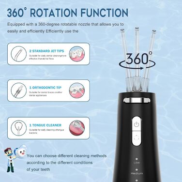 Іригатор для порожнини рота Wasser Dental з 4 режимами, 300 мл, для чищення зубів та міжзубних проміжків, портативний, IPX7, чорний