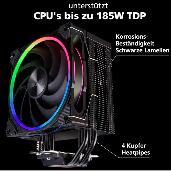 Akasa SOHO H4 Plus: Кулер для CPU з RGB підсвічуванням, 120mm, тихий вентилятор, теплові трубки з міді, 185W, чорний, підтримка Intel LGA 1851/20XX/1700/1200/115X; AMD AM4/AM5 Ryzen