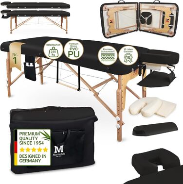 Масажне ліжко MASSUNDA Mobile Comfort Deluxe – розкладне, регульоване по висоті, широке, з дерев'яним каркасом, ергономічною підголівником, покриттям, підлокітниками та подушкою (Чорний)