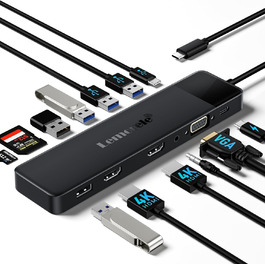 Lemorele USB-C хаб 14-в-1: док-станція з 3 портами дисплея (2 HDMI 4K + VGA), 5 USB-портів (3x USB 3.0), 100W PD, SD/TF кардрідер, аудіо, сумісна з MacBook, Dell, Windows