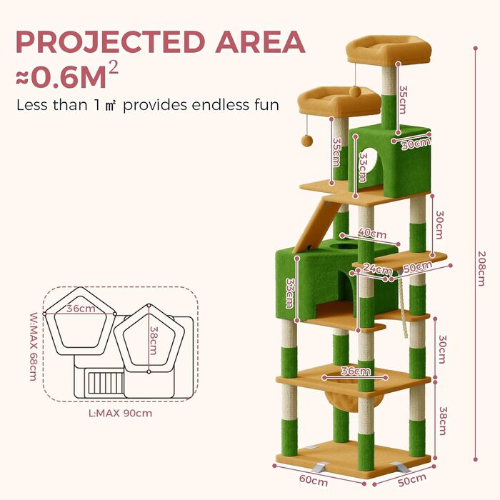 Великий котячий комплекс Kratzbaum 208 см з 3 анти-нахилом, 15 стовпчиками для дряпання, 2 платформами, 2 ховалами, 1 рампою для дряпання та гамаком. Стабільний котячий будиночок для великих котів (зелений + жовтий)