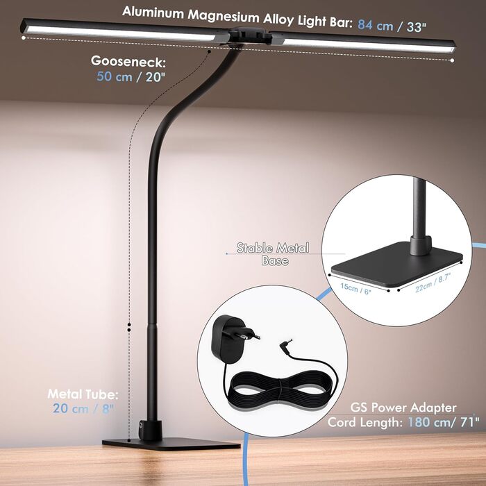 EYOCEAN LED лампа настільна з двома головками, 24W, 80 см, денне світло, з пультом, регулювання яскравості, захист очей, для офісу та дому (матова чорна)