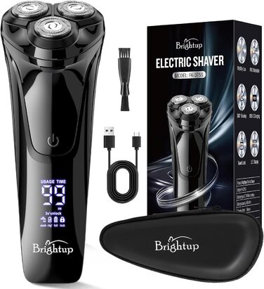 Електричний чоловічий бритва Brightup з 4D-плаваючою головкою, бездротовий LED бритва для вологого та сухого гоління, IPX6 водонепроникний, USB-C зарядка & висувний тример, захист від подорожей, глибокий чорний колір