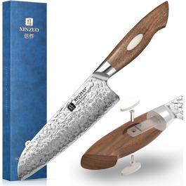 Японський кухонний ніж XINZUO Santoku з дамаської сталі (AUS-10) - професійний ніж шеф-кухаря з чорним дерев'яним руків'ям з горіха