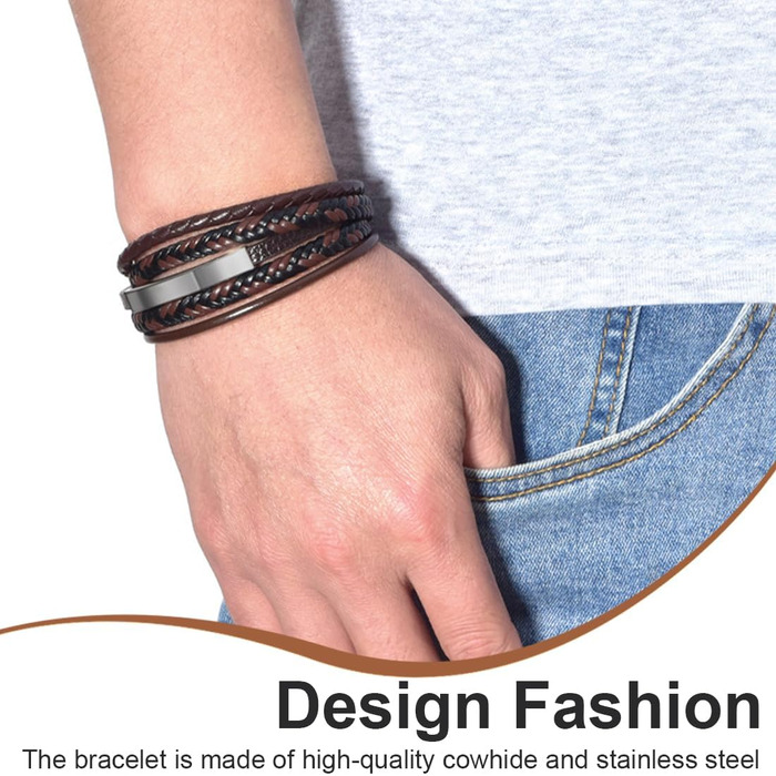 Чоловічий браслет з натуральної шкіри, плетений, широкий, з магнітною застібкою (чорний, коричневий)