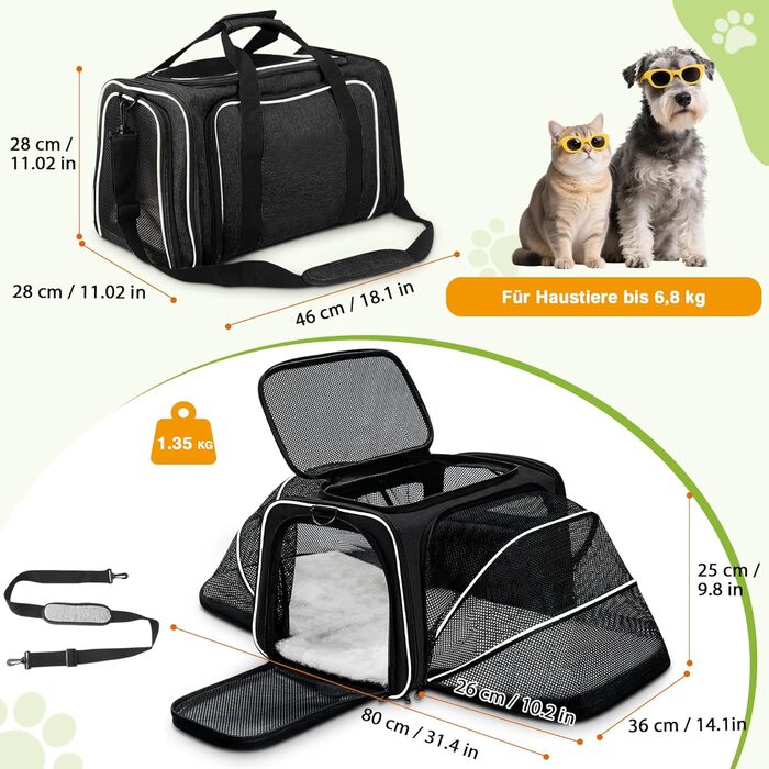 Розширювана переноска для котів та маленьких собак ALLSOPETS, м'яка переноска з 2 розширеннями, виймається флісове ліжко та кишені (Сірий & Зелений) (Чорний & Білий)