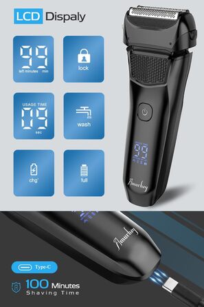 Електрична бритва чоловіча з 3 гнучкими лезами та чохлом для подорожей, тример для точного гоління, вологостійка/суха, 120 хв роботи, акумуляторна, подарунок для чоловіків, чорна
