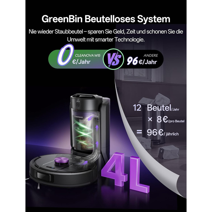 Робот-пилосос Vexilar з функцією миття підлоги, 8000Pa, LiDAR-навігація, 150 хв роботи, 15 зон заборони, керування через додаток, для шерсті тварин та килимів (W15)