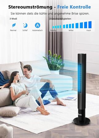 Безлопатевий вентилятор вежа Leiser 110 см, 26 дБ, 3 швидкості, LED-дисплей, таймер 12 год для спальні, вітальні, офісу