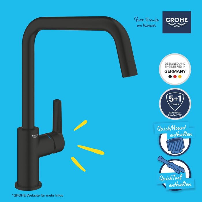 Змішувач кухонний GROHE Start, чорний, поворотний 150°, водозберігаючий, монтаж без інструментів, 304702430