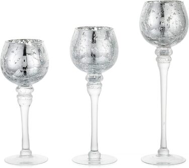 Romadedi Tealight Holder Candle Holder Glass Silver - Lantern Tealight Holder Decor Mercury 3-Piece Set 23.5/25.5/31.5 cm for Tealights Votive Candles, High Candles, Living Room Table Decoration, Wedding
