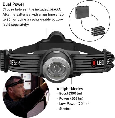 Ліхтар налобний Ledlenser H7 SE LED, 300 люмен, 160 м, фокусування, з заднім світлом, до 30 годин, батарейки та USB-кабель