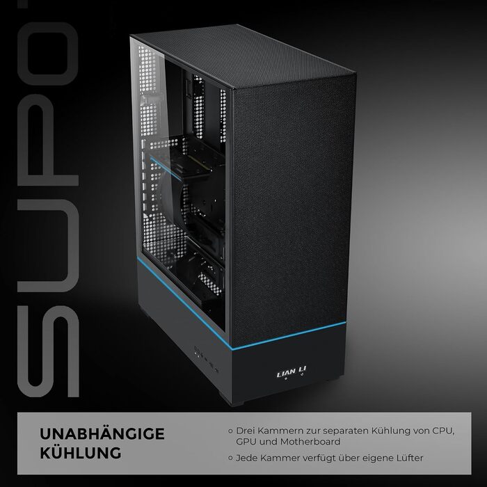 Корпус для ПК Lian Li SUP-01X, трикамерна система охолодження, підтримка GPU до 400мм та радіаторів 360мм, 3 вентилятори 120мм, загартоване скло, чорний
