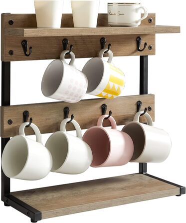 Vintage Mug Holder with 8 Hooks, Coffee Cup Holder for Kitchen Countertop, Cup Rack with Storage Bottom, for Kitchen Dining Room Cafe 40 x 15 x 40 cm, TBJ002H (with Shelf, Greige)