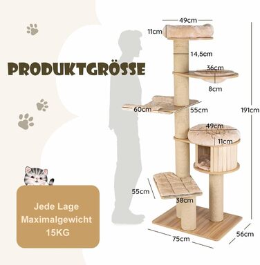 Дерев'яний кігтечка Costway 197 см з гамаком, будиночком та кошиком для котів, 7-ярусний, бежевий