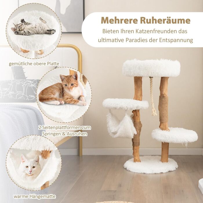 Кігтеточка для котів COSTWAY 87 см з гамаком, джутовим покриттям та м'якими сидіннями, дерев'яний кігтеточний комплекс, білий, 2 стовпчики