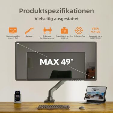 Кронштейн для монітора Claiks для вигнутих та плоских екранів 17-49 дюймів, регульований за висотою та нахилом, VESA 75x75/100x100 мм, навантаження до 20 кг, чорний