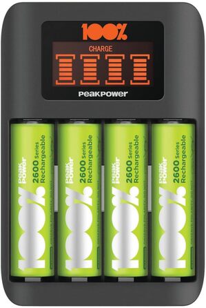 Зарядний пристрій PeakPower для акумуляторів AA AAA з 8 акумуляторами (4 x AA + 4 x AAA), захист від перерозряду, таймер безпеки, USB, пластикова упаковка, 8 слотів, швидка зарядка