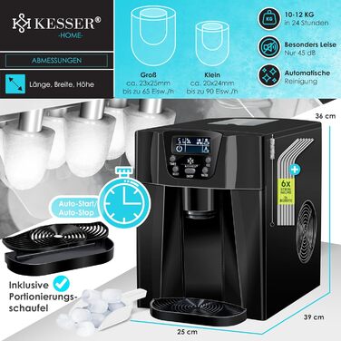 Машина для приготування льоду KESSER® з нержавіючої сталі, 100W, 12 кг/24 год, 2 розміри кубиків, 6 хв приготування, 2 л резервуар, таймер, LCD-дисплей, чорний