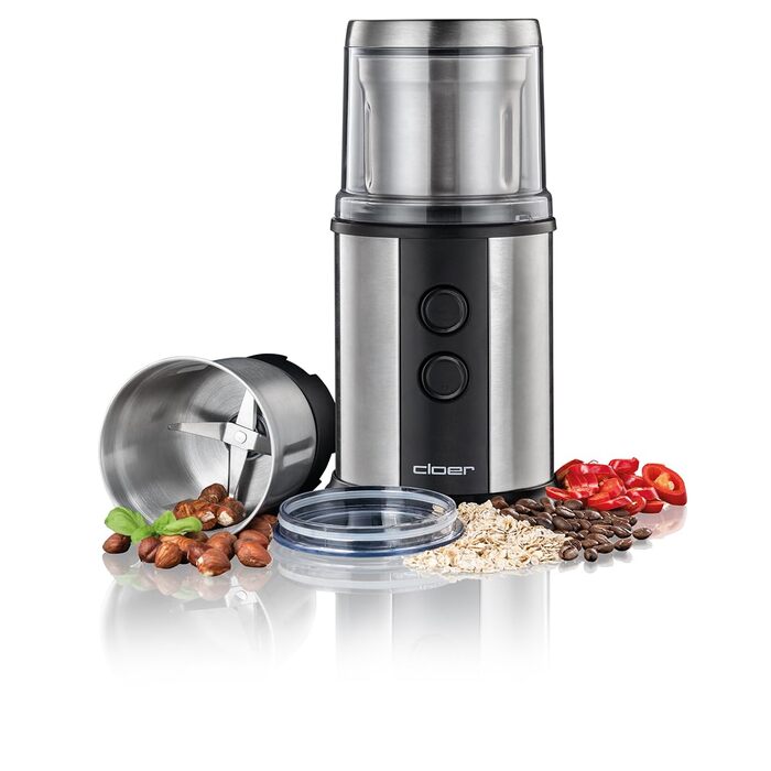 Електрична кавомолка та млин для спецій Cloer 7419 з нержавіючою сталевою голковою камерою, 350W, 2 знімні контейнери з нержавіючої сталі, для песто, трав, горіхів, зерна, до 80 г кавових зерен, захисний ковпачок