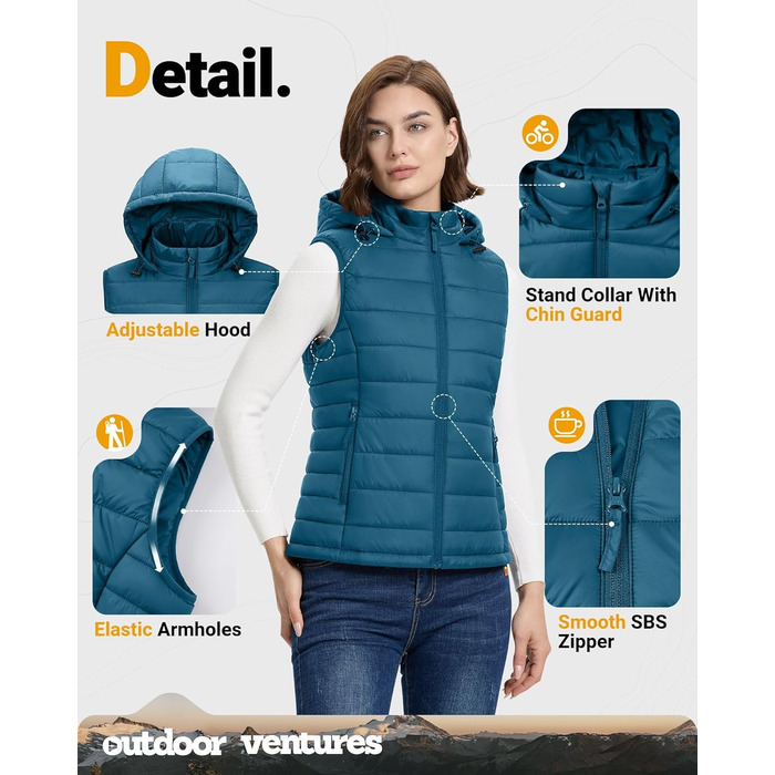 Стьобана жилетка Outdoor Ventures з капюшоном для жінок. Підходить для туризму, кемпінгу та їзди на велосипеді (Керамічно-блакитний, L)