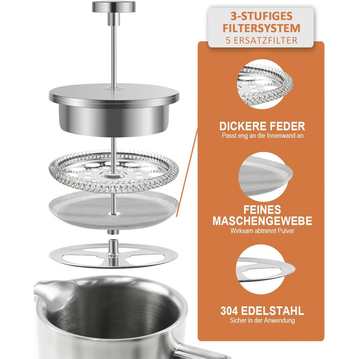 Френч-прес 1000 мл / 8 чашок, кавоварка з нержавіючої сталі, подвійні стінки, ізольована, з фільтром - 1 літр