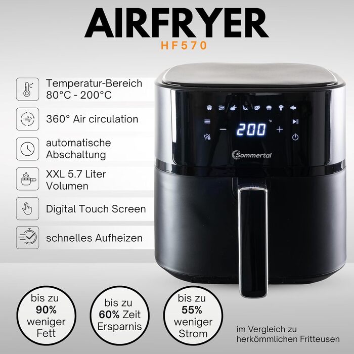 Фритюрниця без олії Sommertal HF760-7,6L XXL Airfryer з сенсорним екраном, 8 програм, 2000 Вт - економна та здорова, велика фритюрниця