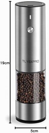 Електрична млин для солі та перцю TLYSXPRO, USB-зарядка, автоматична, регульована ступінь помелу, LED-підсвітка, нержавіюча сталь