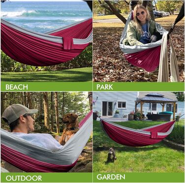 Гніздо-гамак для відпочинку на відкритому повітрі: двомісний, 300 x 200 см, ультралегкий, 300 кг, нейлон, дихаючий, для кемпінгу, відпочинку в саду та на пляжі (Бургунді)