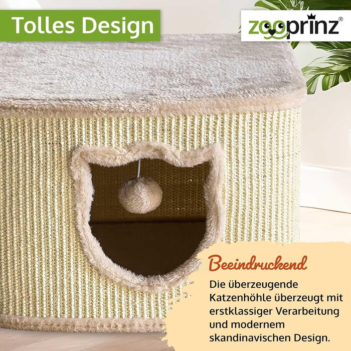 Преміум котячий будиночок Zooprinz – котячий кошик для кота – з товстими сизалевими стінами – затишна печерка з м'яким плюшем та іграшкою – котячий бокс у скандинавському стилі (Бежевий)