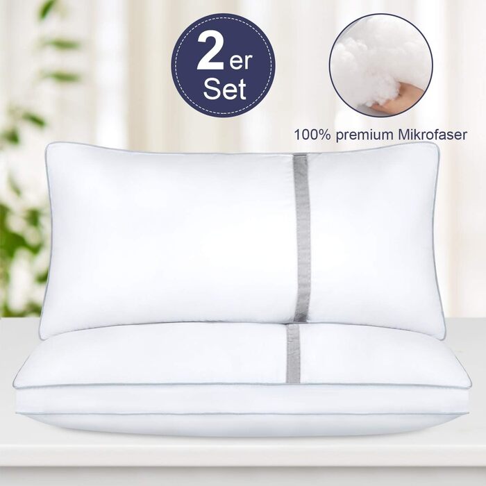 BedStory Pillows 40x80, 2-Pack Pillows 40x80 made of 2x850g Microfiber, Slumber Pillows with Flannel Trim, Suitable for Side Sleepers, Back Sleepers, White 2 Pieces (1 Pack) White 40 x 80
