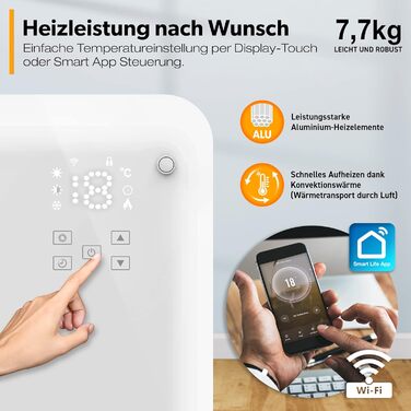 Електричний скляний конвектор TRESKO 2000 Вт з Wi-Fi, сенсорним та LCD-дисплеєм, дистанційним керуванням, настінний або підлоговий, білий