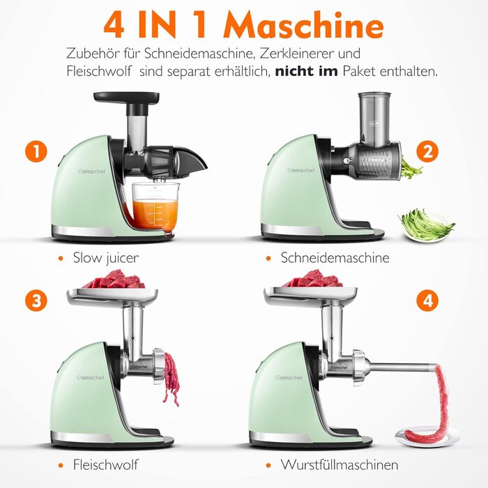AMZCHEF Juicer for Vegetables and Fruits - Slow Juicer with Reverse-Masticating Function - Gentle Crushing Without Filtering - Electric Juicer with Brush and 2 Cups - Green