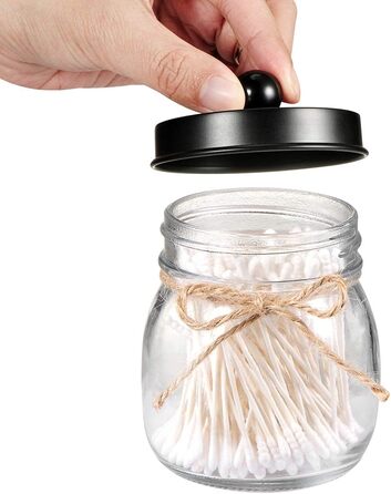 Mason Jar Bathroom Accessory Set, 4 Piece, Foaming Soap Dispenser & 2 Qtip Holders & Toothbrush Holder, Rustic Farmhouse Decor, Apothecary Glass, Countryside Countertop (Black)