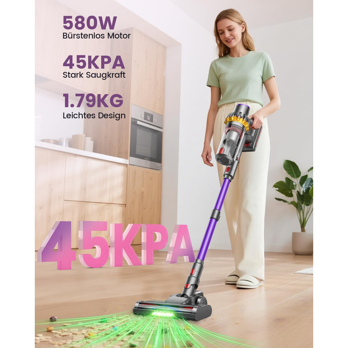 Бездротовий акумуляторний пилосос 45000 Па/580 Вт/70 хв, легкий, 6-в-1, з LED дисплеєм, станцією зарядки та насадкою проти спутання шерсті, для твердих поверхонь, килимів та шерсті тварин