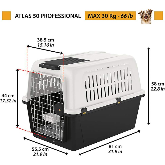 Переноска для собак Ferplast ATLAS 50, сіра, середніх порід, 55,5 x 81 x 59,5 см