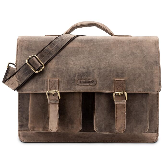 Сумка для ноутбука LEABAGS шкіряна чоловіча Vintage Graubraun до 15 дюймів з ременем через плече