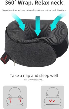 Подушка для шиї у літак, з Memory Foam, для дорослих, регульована, компактна, ергономічна – сірий графіт