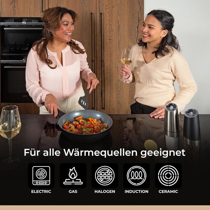 Набір сковорідок Be Living Delight 4 шт. (20/24/28 см + Вок 28 см з кришкою), антипригарне покриття кераміка, для індукційних плит, без PTFE та PFOA, чорний