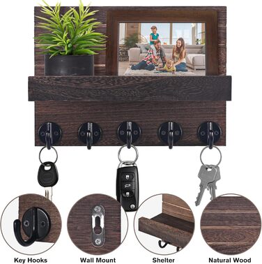 Дерев'яне настінне кріплення для ключів з полицею, декоративне, 5 гачків, для прихожої, спальні, вітальні (колір: коричневий)