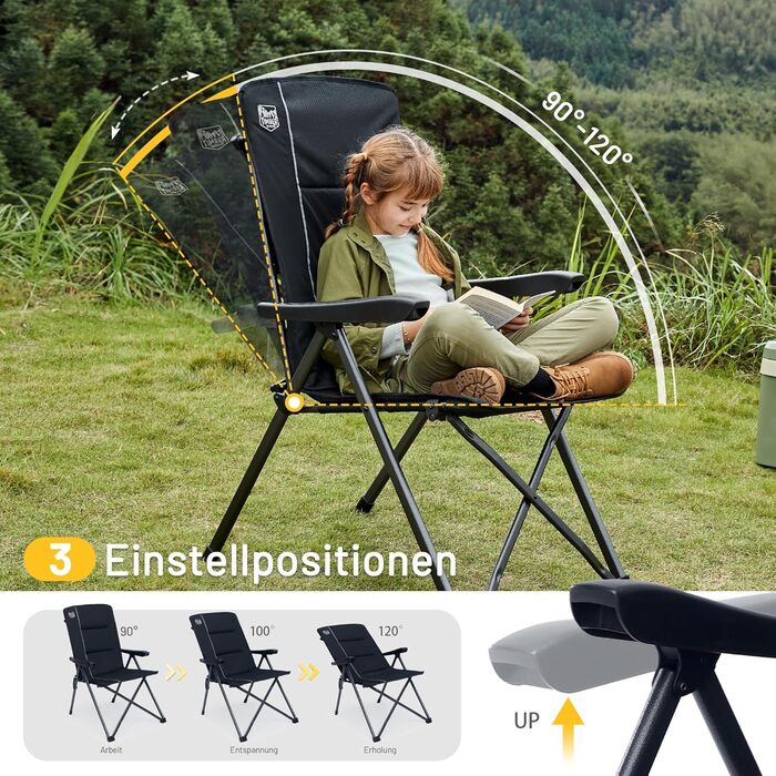 Кампінговий стілець розкладний Timber Ridge 2 шт, чорний, з високою спинкою, 3 положення, до 160 кг, широкий сидіння 57 см, для кемпінгу, балкону, дачі